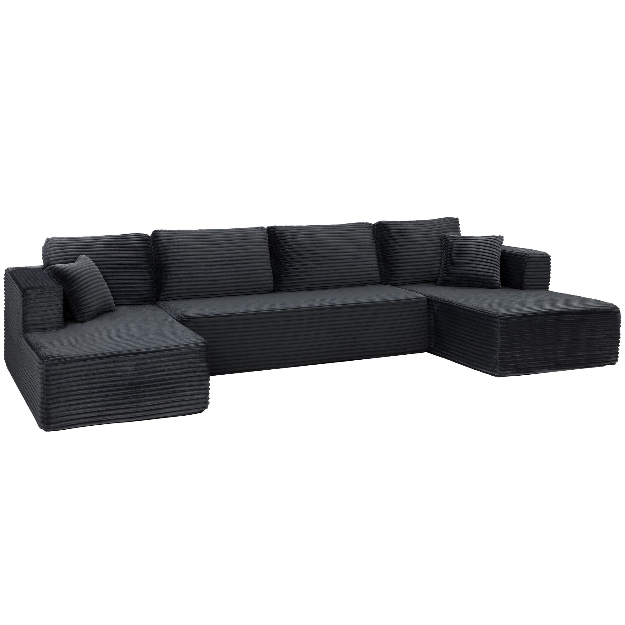 Sofá-cama modular em formato de U com chaises, cor cinza escuro.