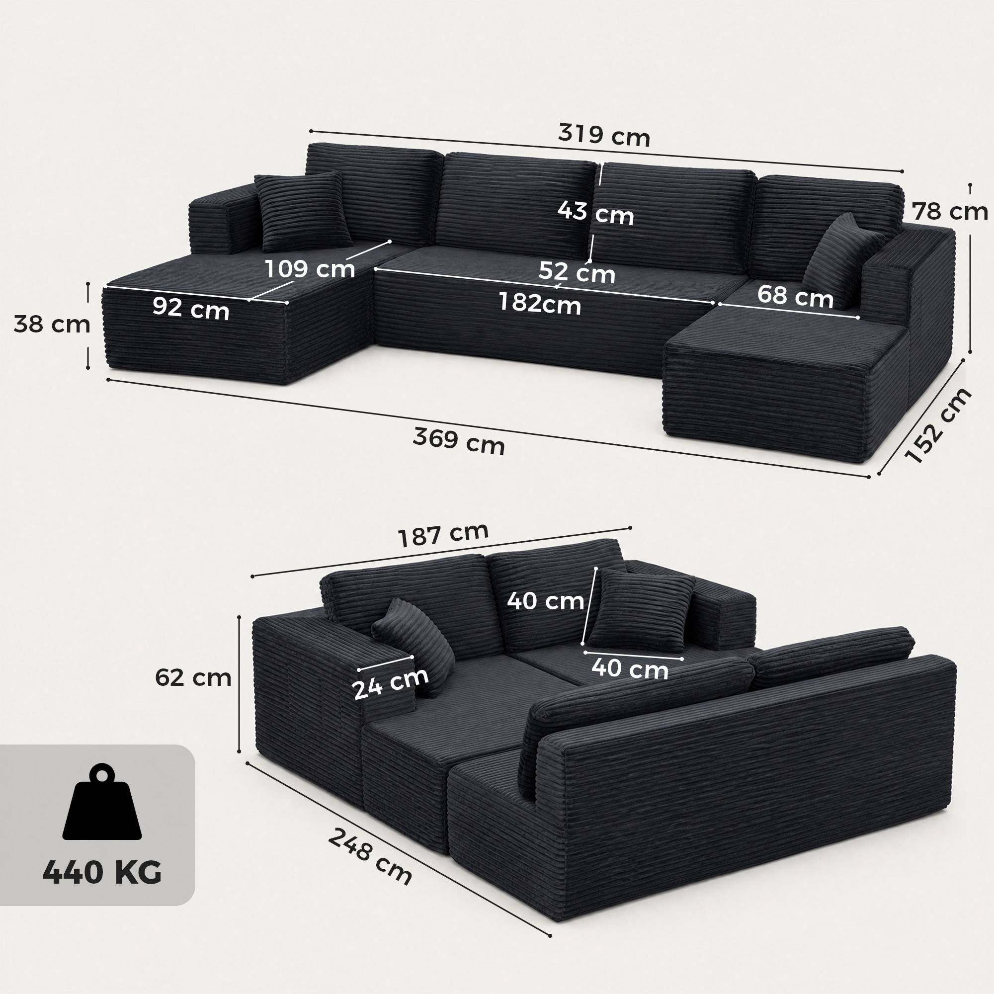 Sofá-cama modular em formato de U com chaises, cor cinza escuro.