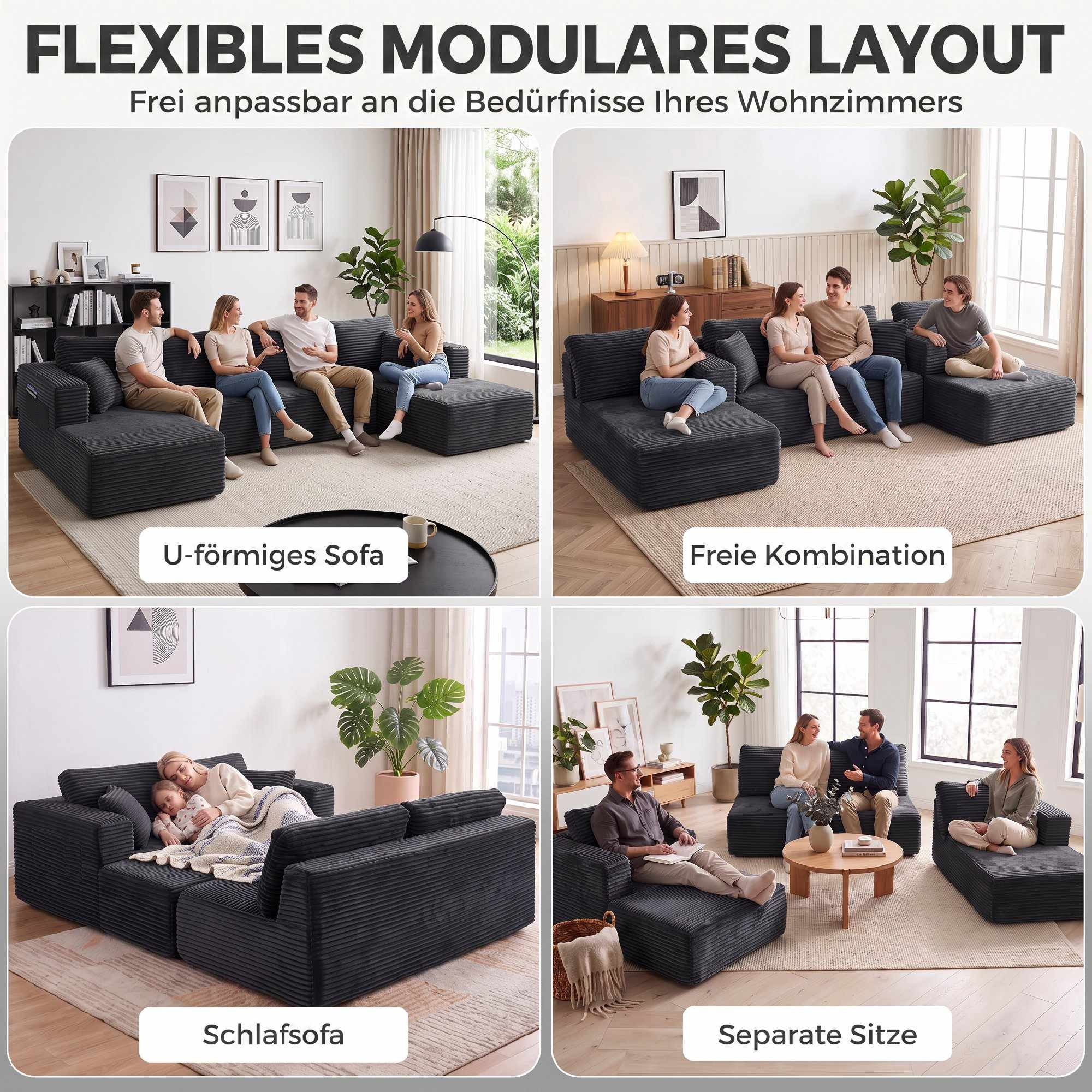 Sofá-cama modular em formato de U com chaises, cor cinza escuro.