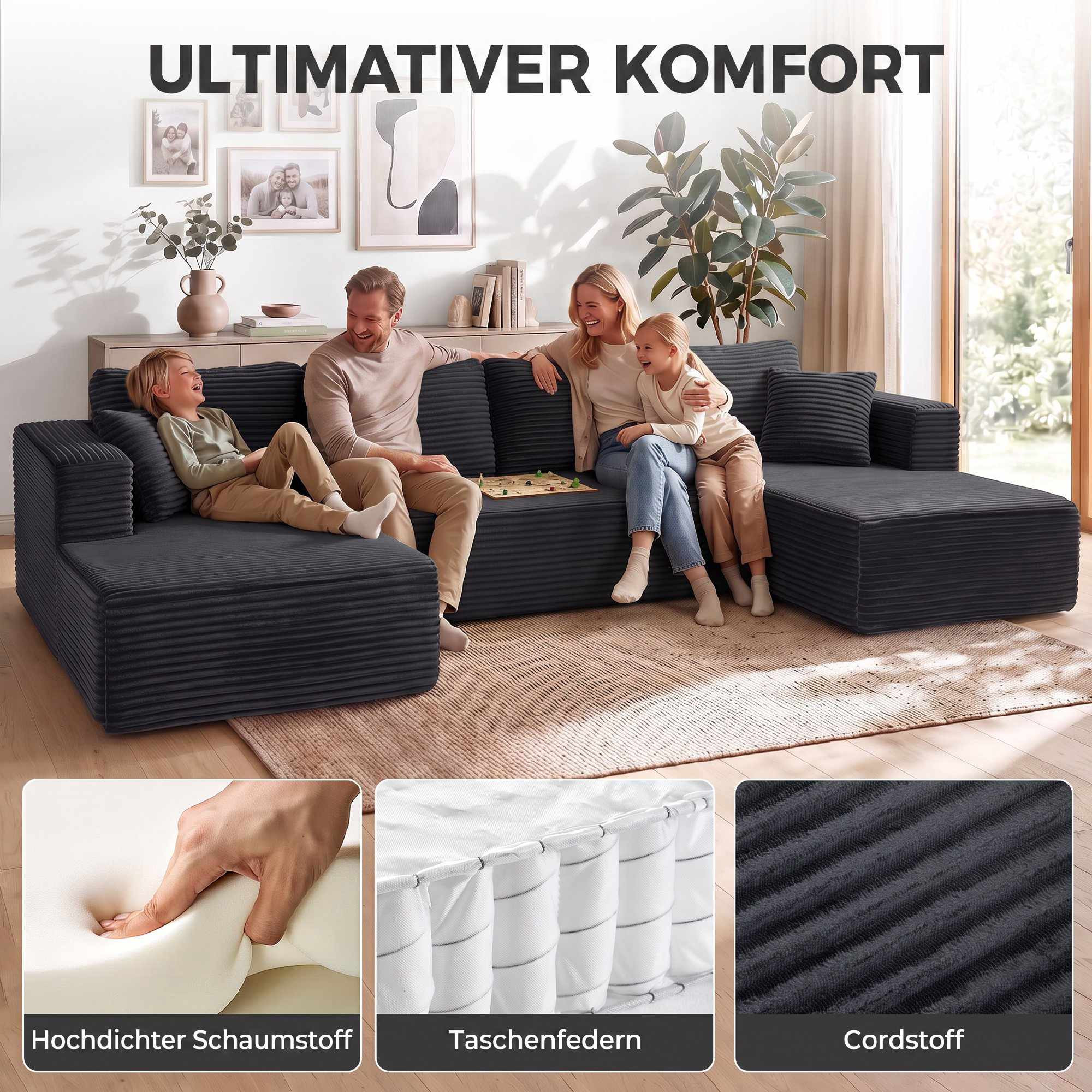 Sofá-cama modular em formato de U com chaises, cor cinza escuro.