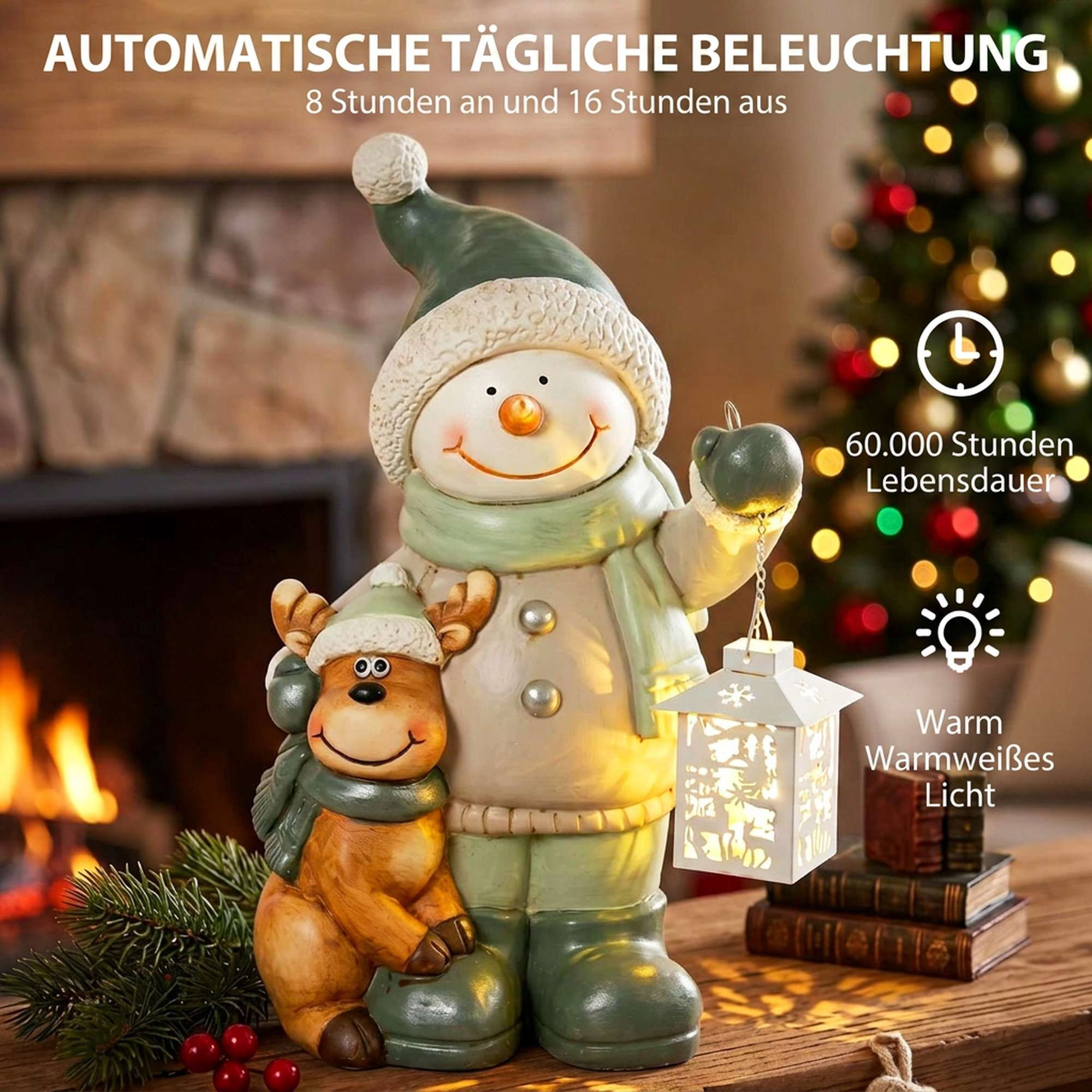 Schneemannfigur 43 cm mit LED-Laterne und Timer