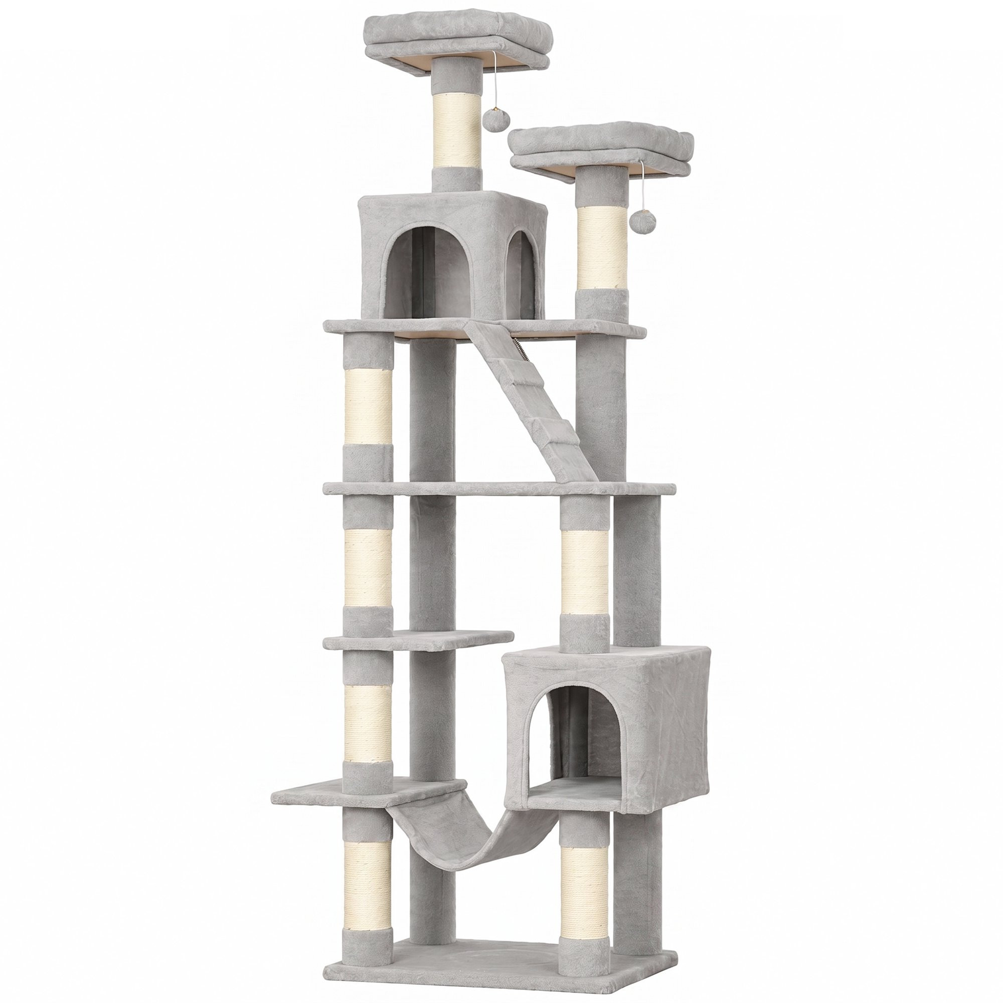 204 cm Multi-Level Cat Tree with Hammock & Caves, Light Grey