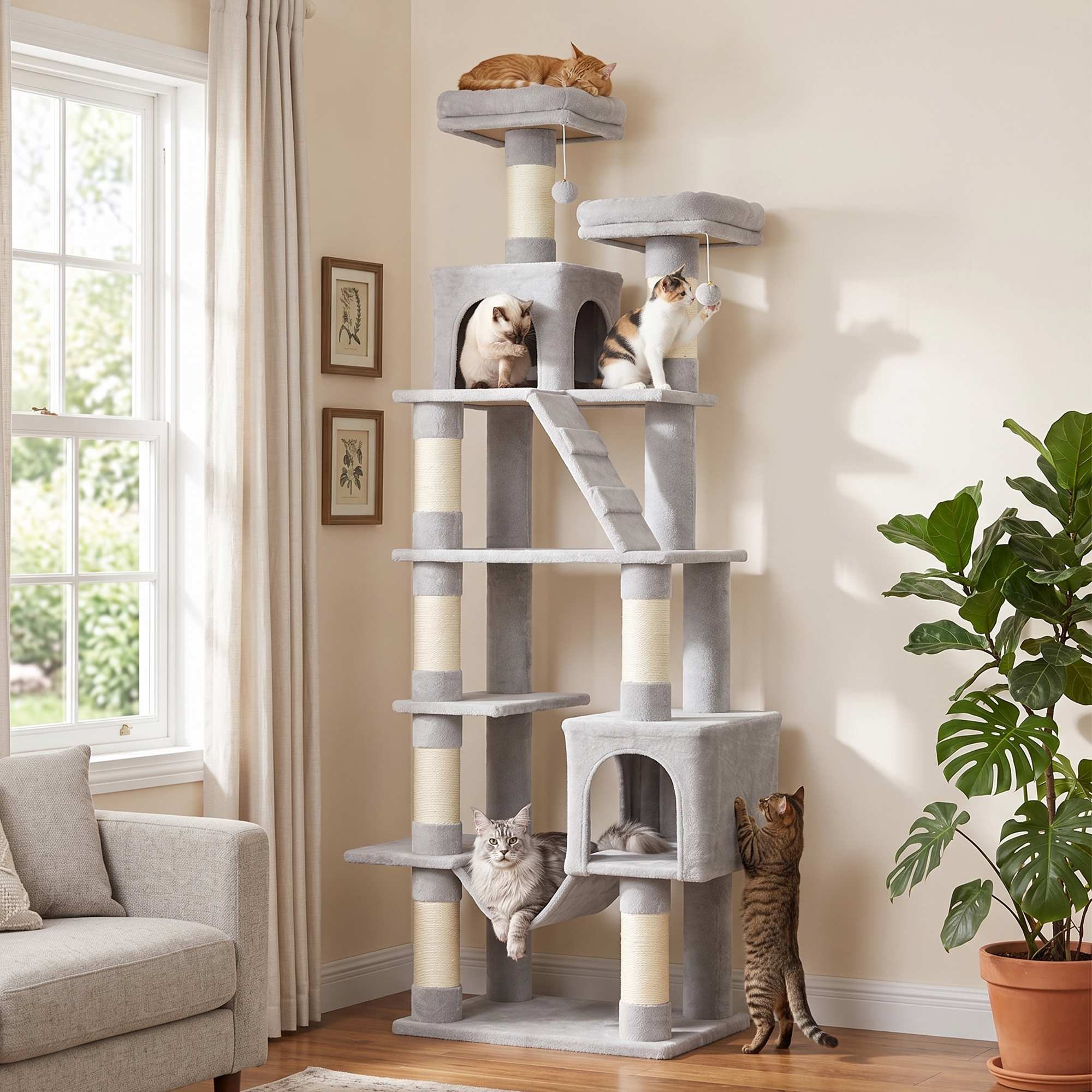 204 cm Multi-Level Cat Tree with Hammock & Caves, Light Grey