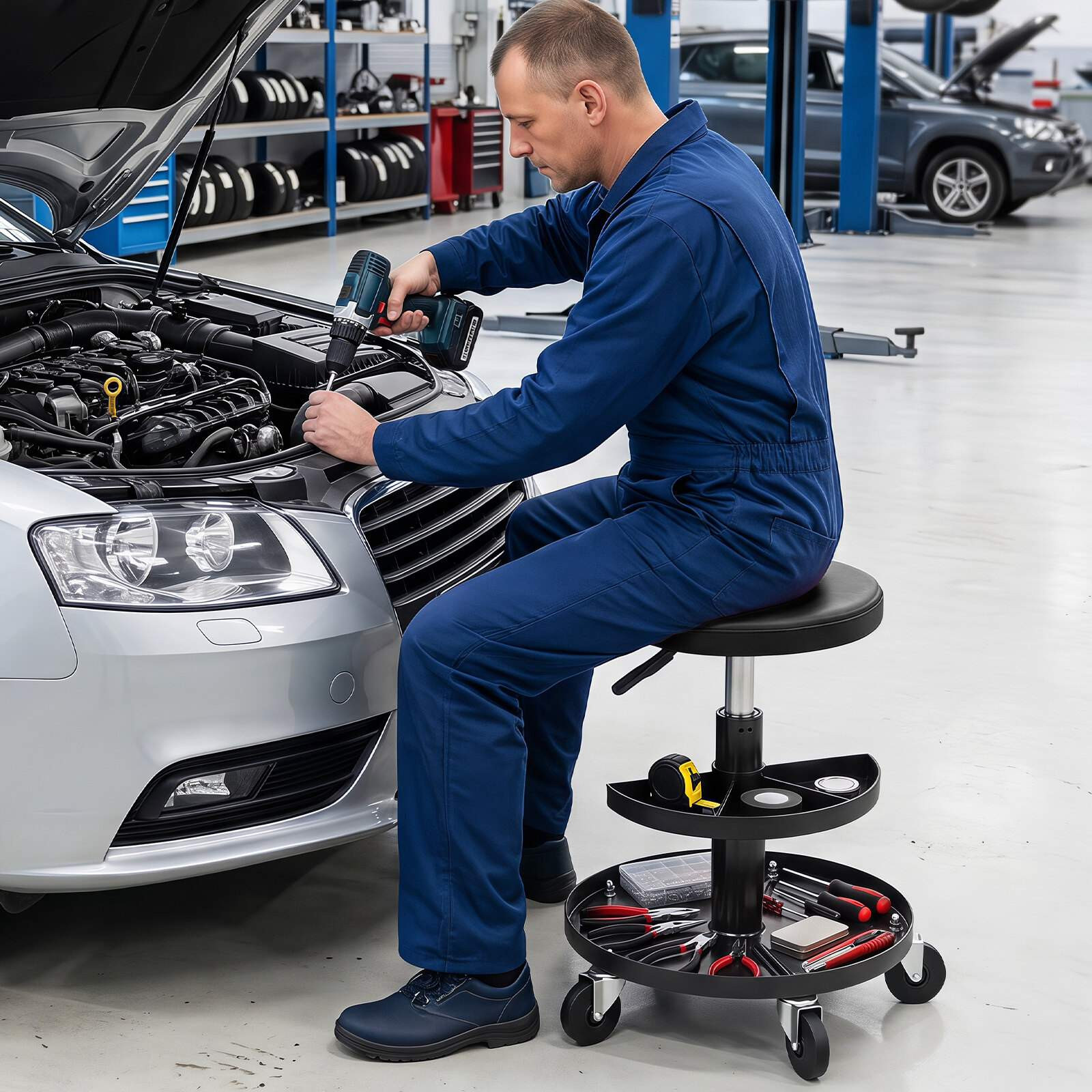 Adjustable Rolling Mechanic Stool with Tool Trays, Black