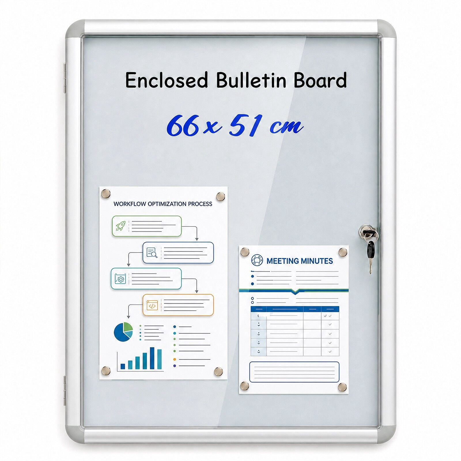 Lockable Display Case, Magnetic Whiteboard, 84x54 cm, Silver