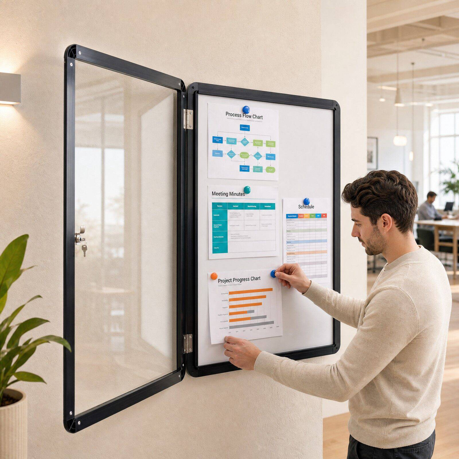 Lockable Display Case, Magnetic & Writable, 90x65 cm, Black