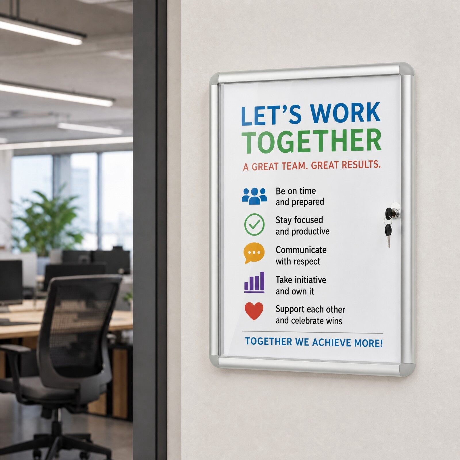 Lockable Display Case with Magnetic Writable Back, 90x65 cm, Silver