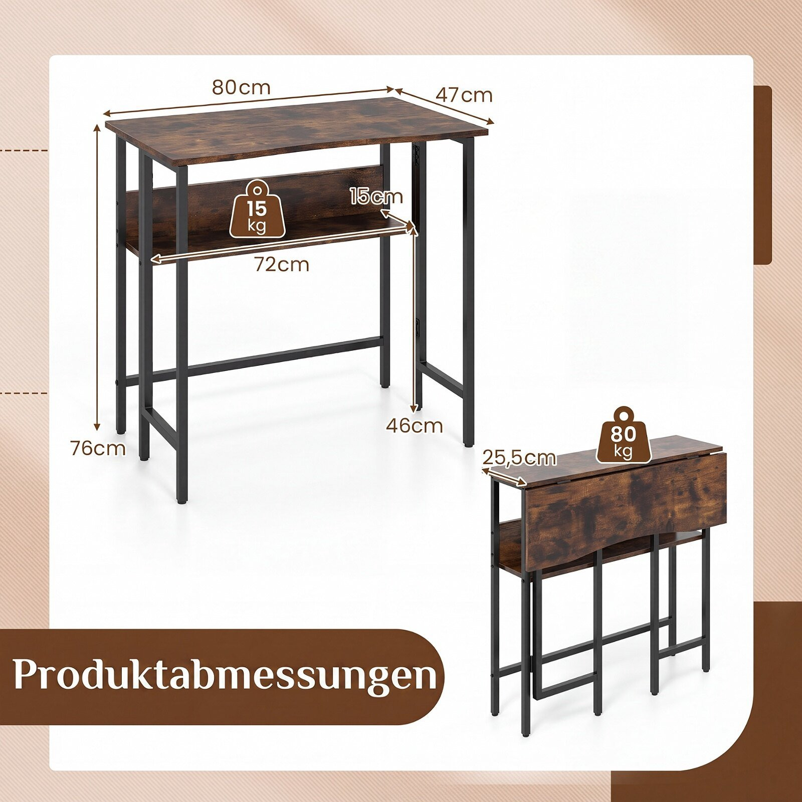 Small Folding Desk with Storage Shelf – Rustic Brown