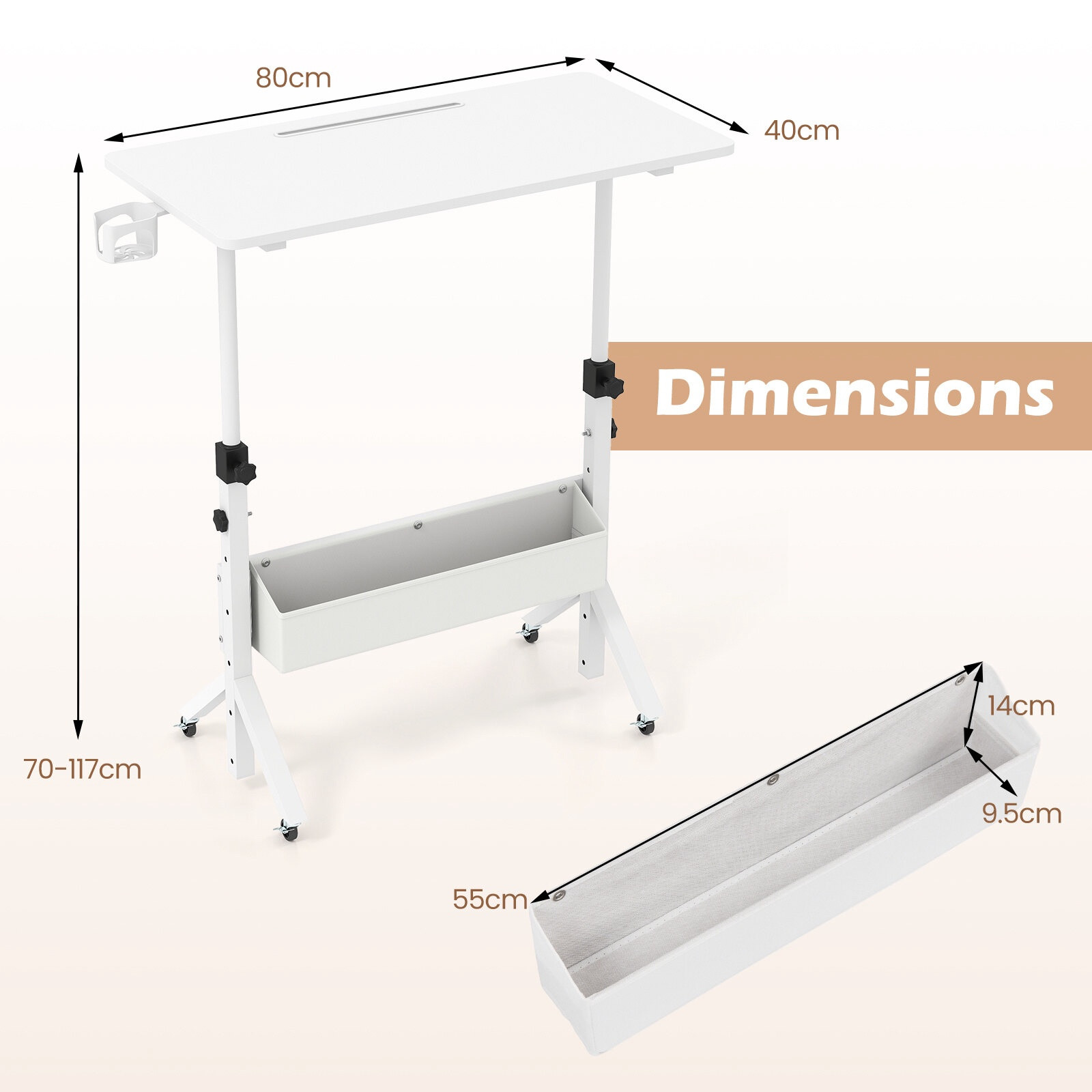 Mobile Standing Desk, Height Adjustable with Storage Basket