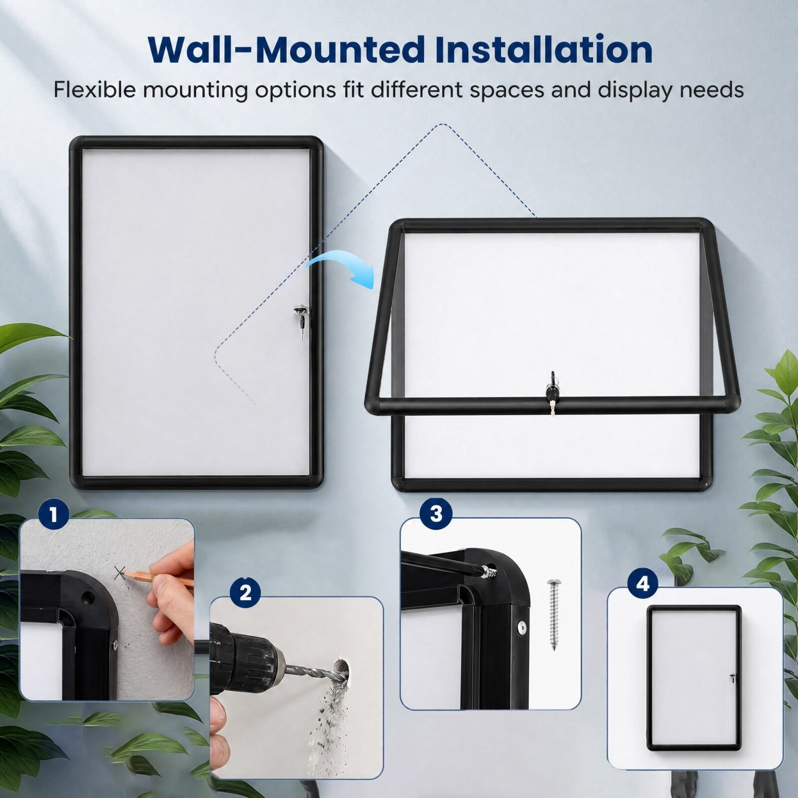 Lockable Display Case, Magnetic & Writable, 90x65 cm, Black