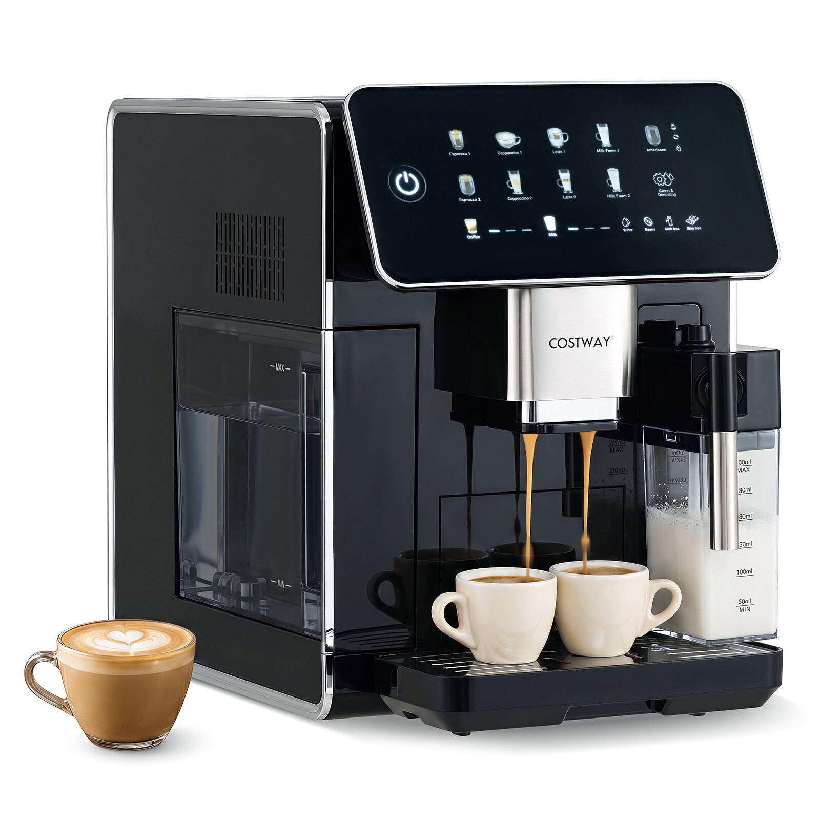 Macchina da caffè automatica con macinacaffè e montalatte.