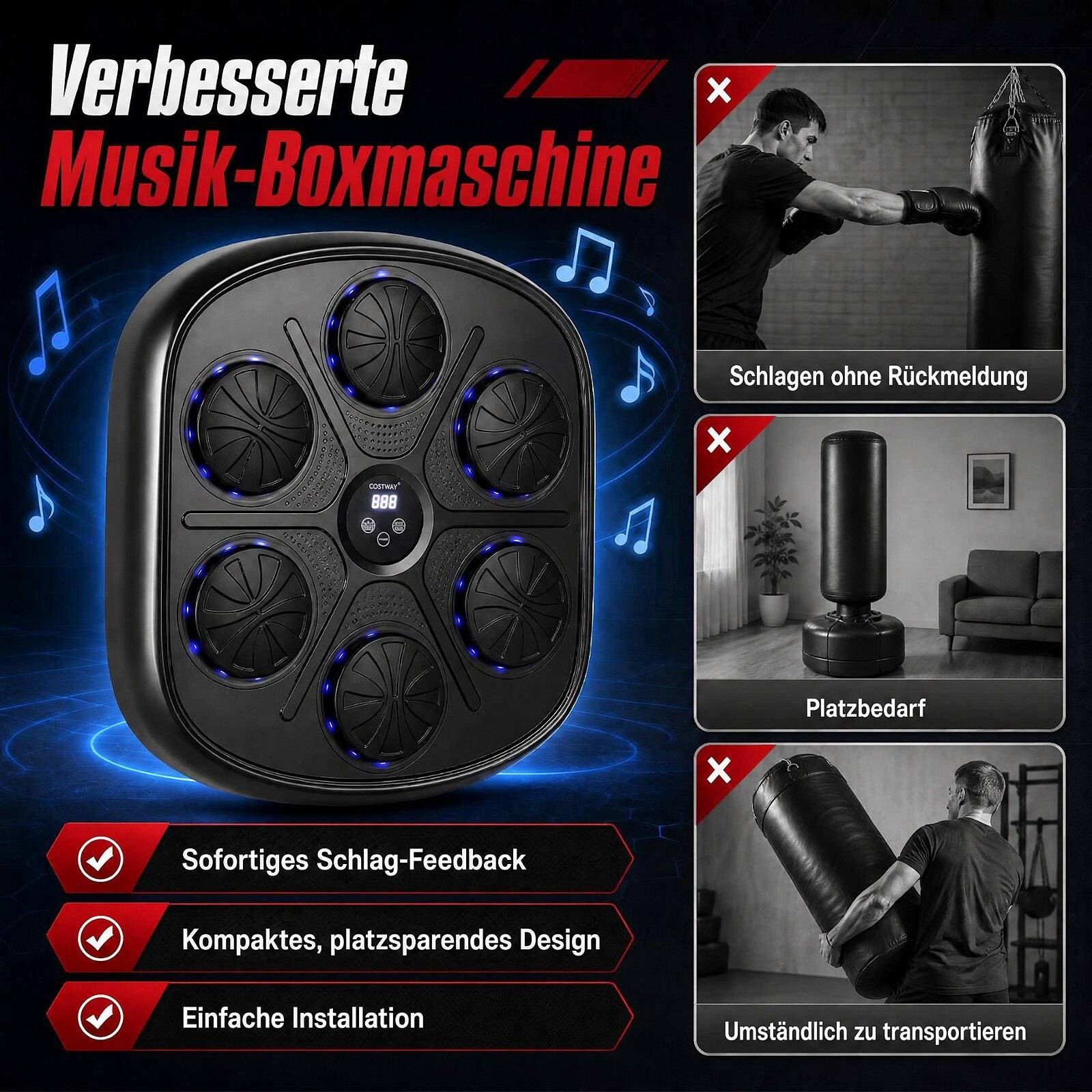 Máquina de boxe musical com visor LED e 9 modos.