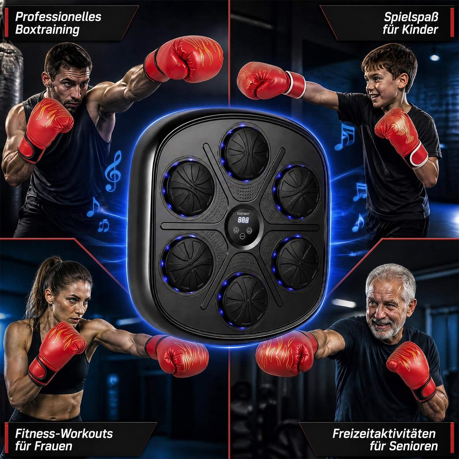Máquina de boxe musical com visor LED e 9 modos.