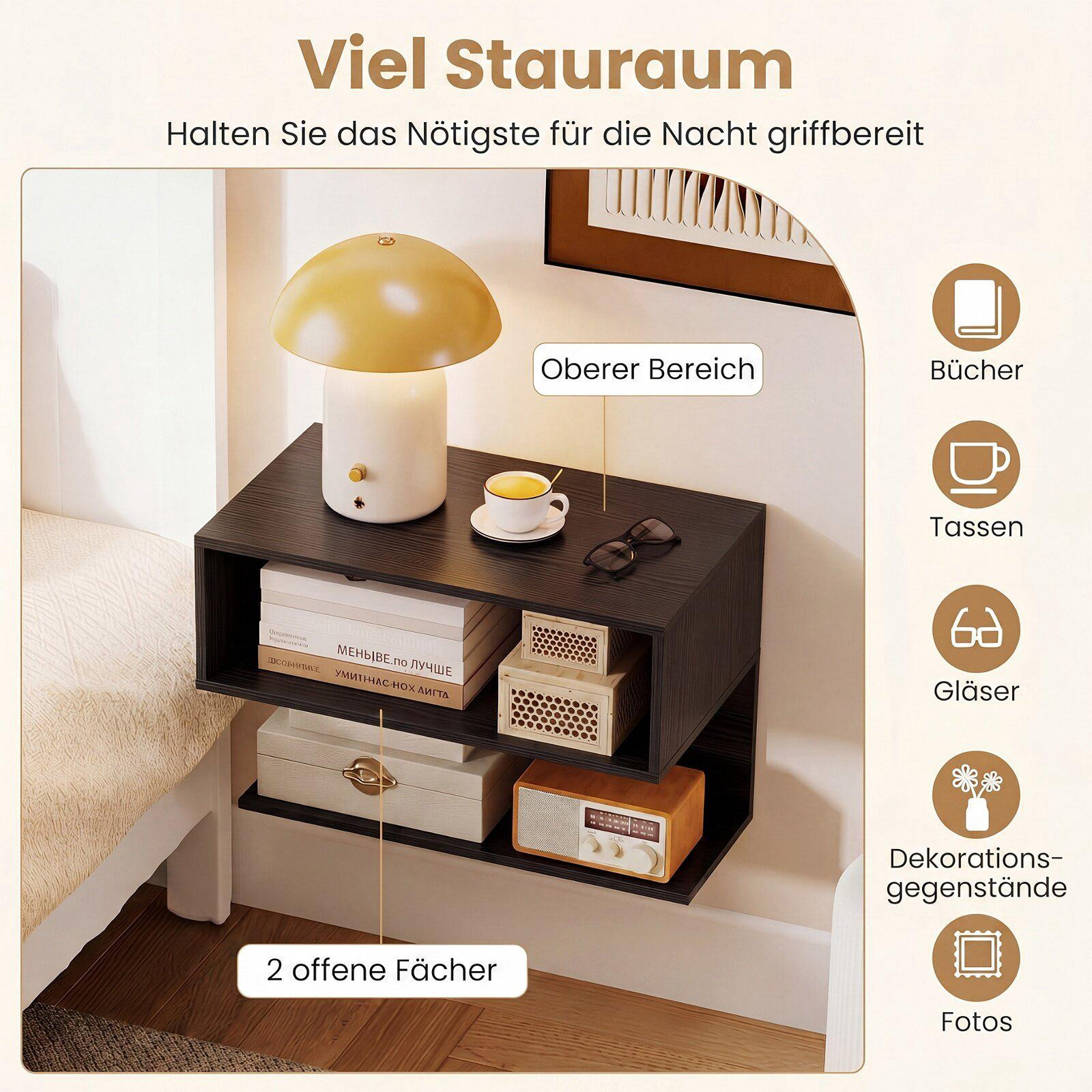 Wall-Mounted Black Bedside Table with Storage Shelves