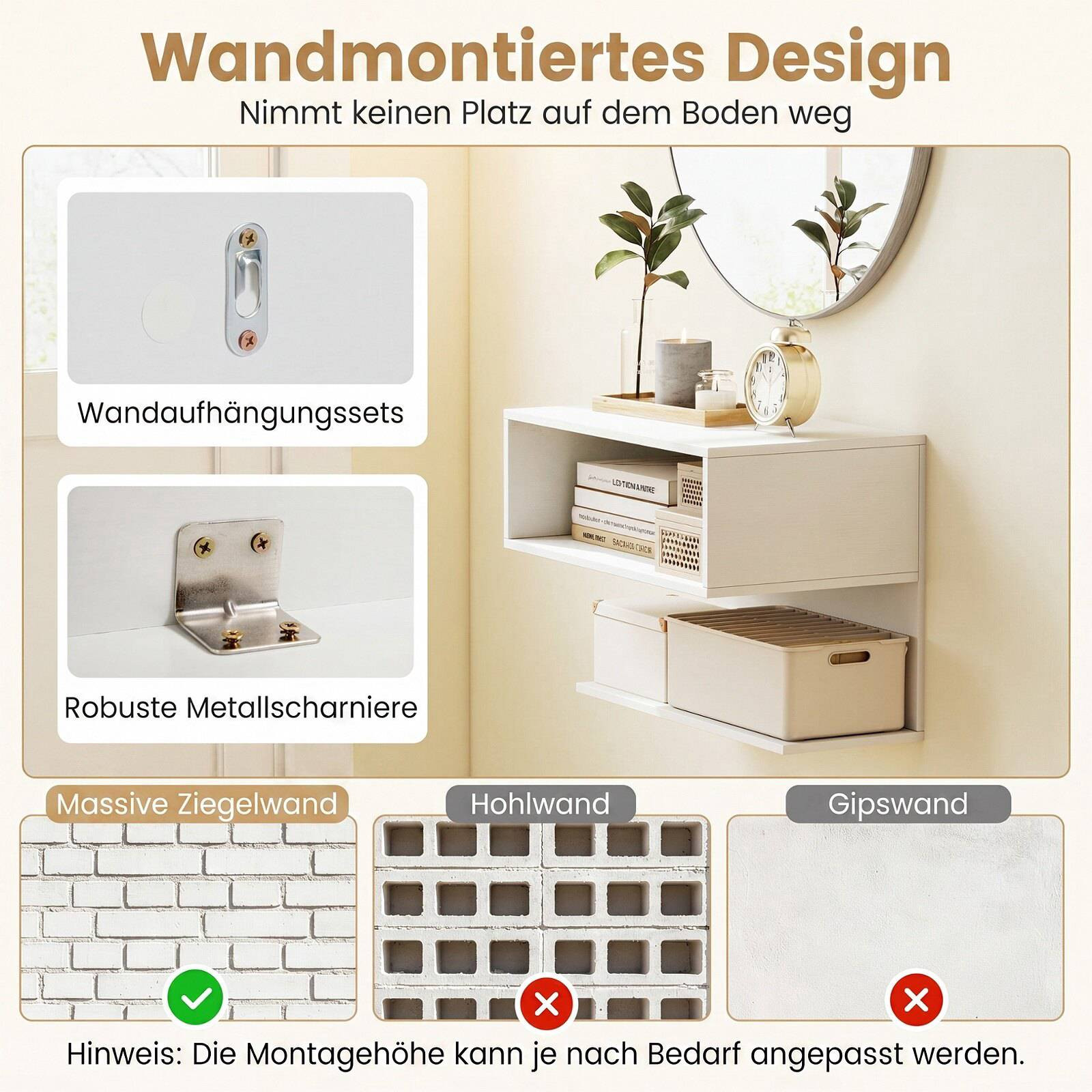 Wall Mounted Bedside Table with Storage Shelves – White