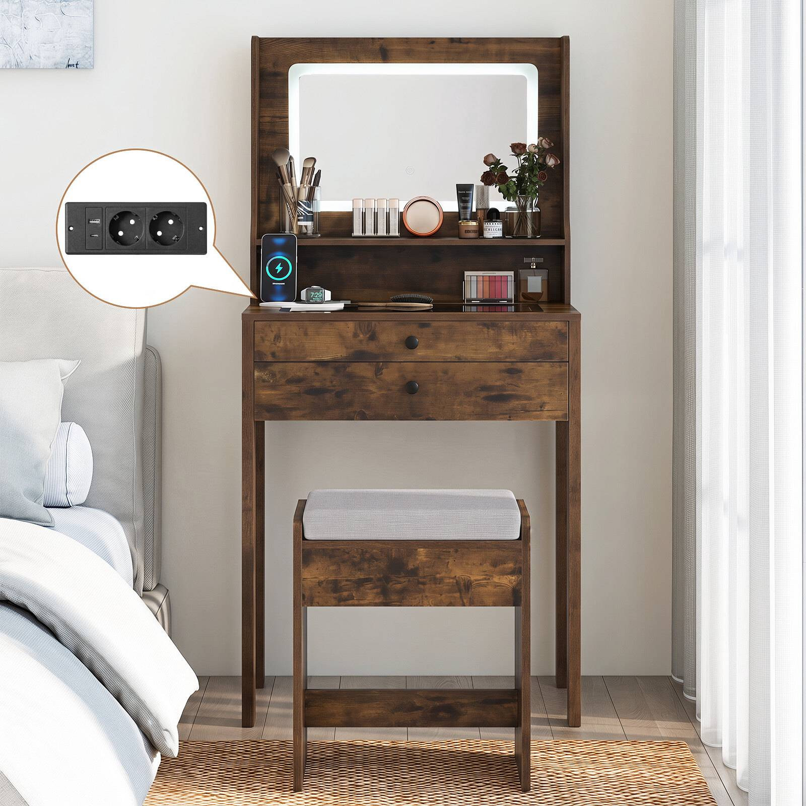 Vanity Table with LED Mirror, Rustic Brown, Glass Top