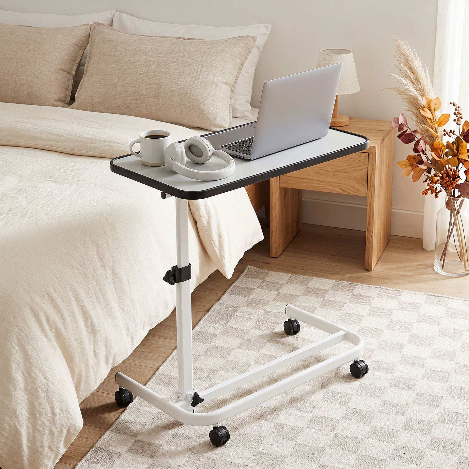 Adjustable Bedside Table with Tilting Top and Casters