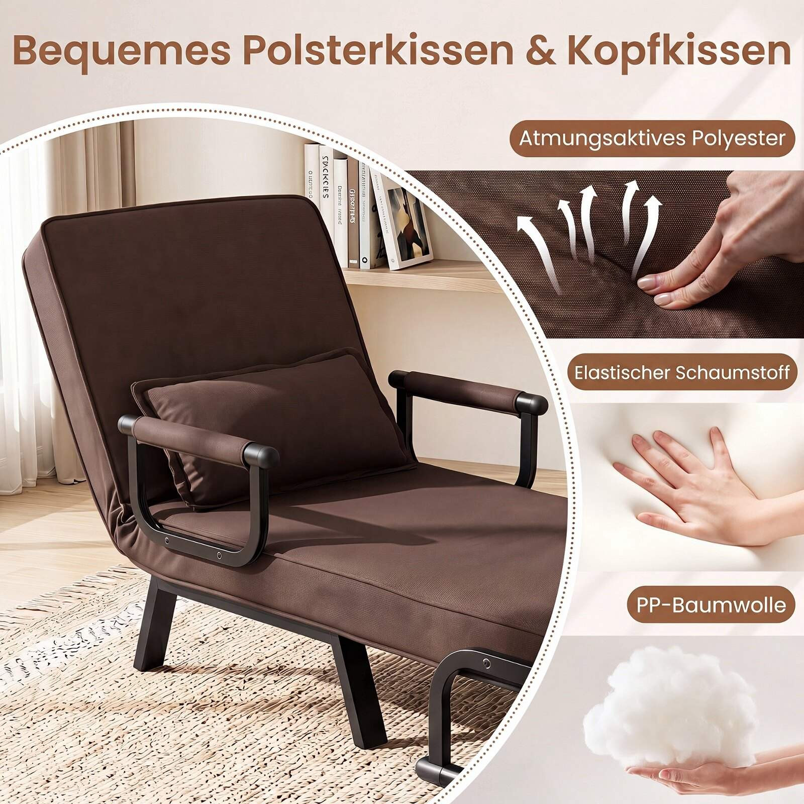 3-in-1 Folding Sofa Bed with Adjustable Backrest – Brown
