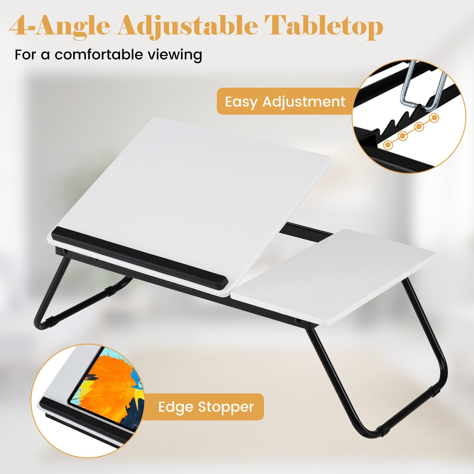 Foldable Laptop Table with Adjustable Angles, MDF & Metal