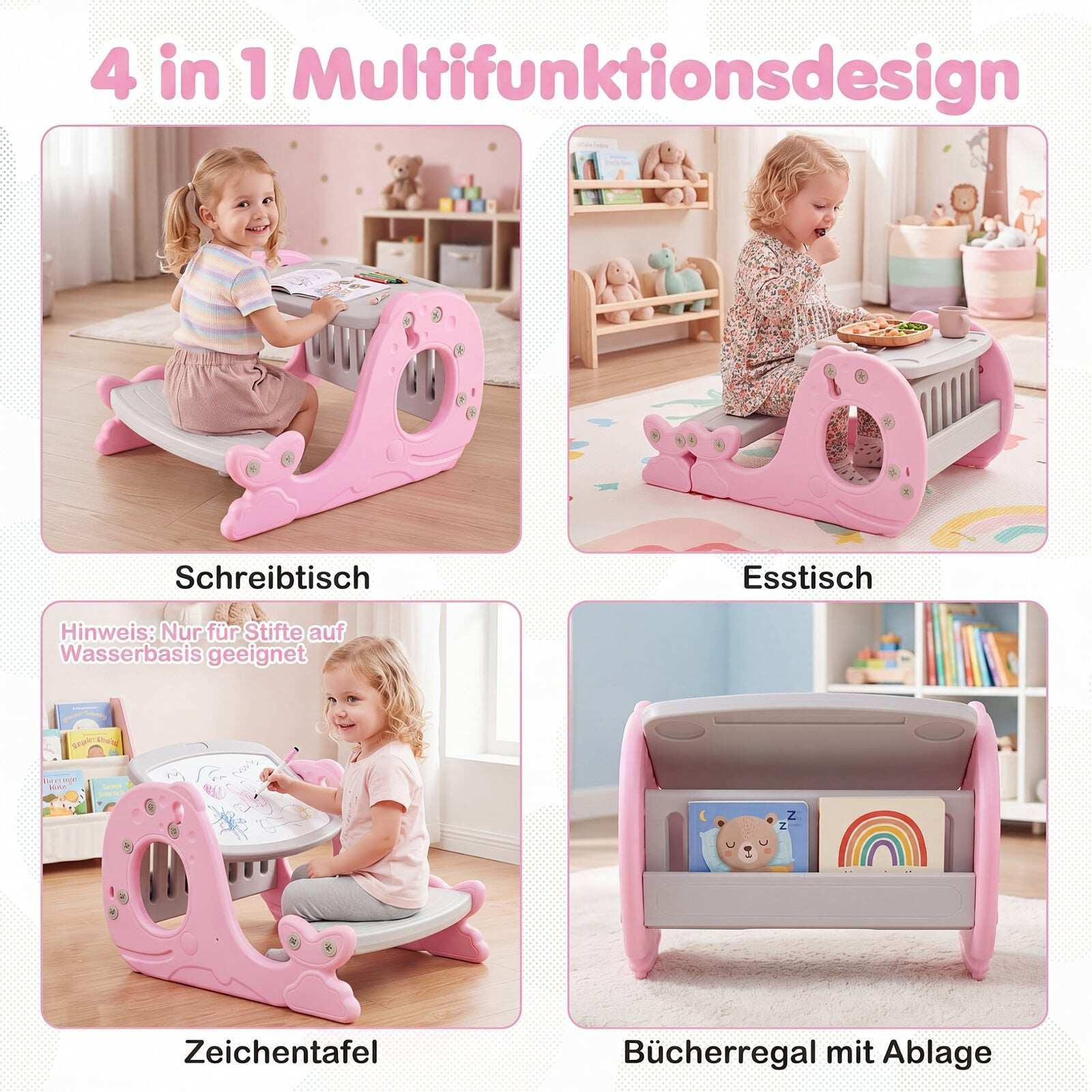 Kids Activity Table with Bench & Adjustable Easel - Pink