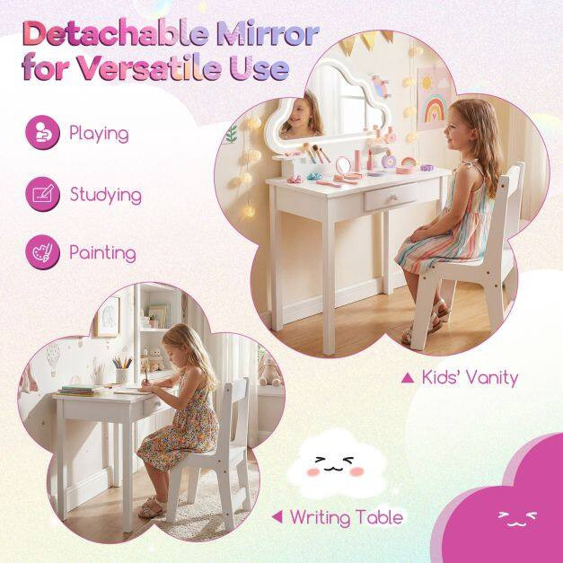 Kids Vanity Set with LED Cloud Mirror & Stool, White