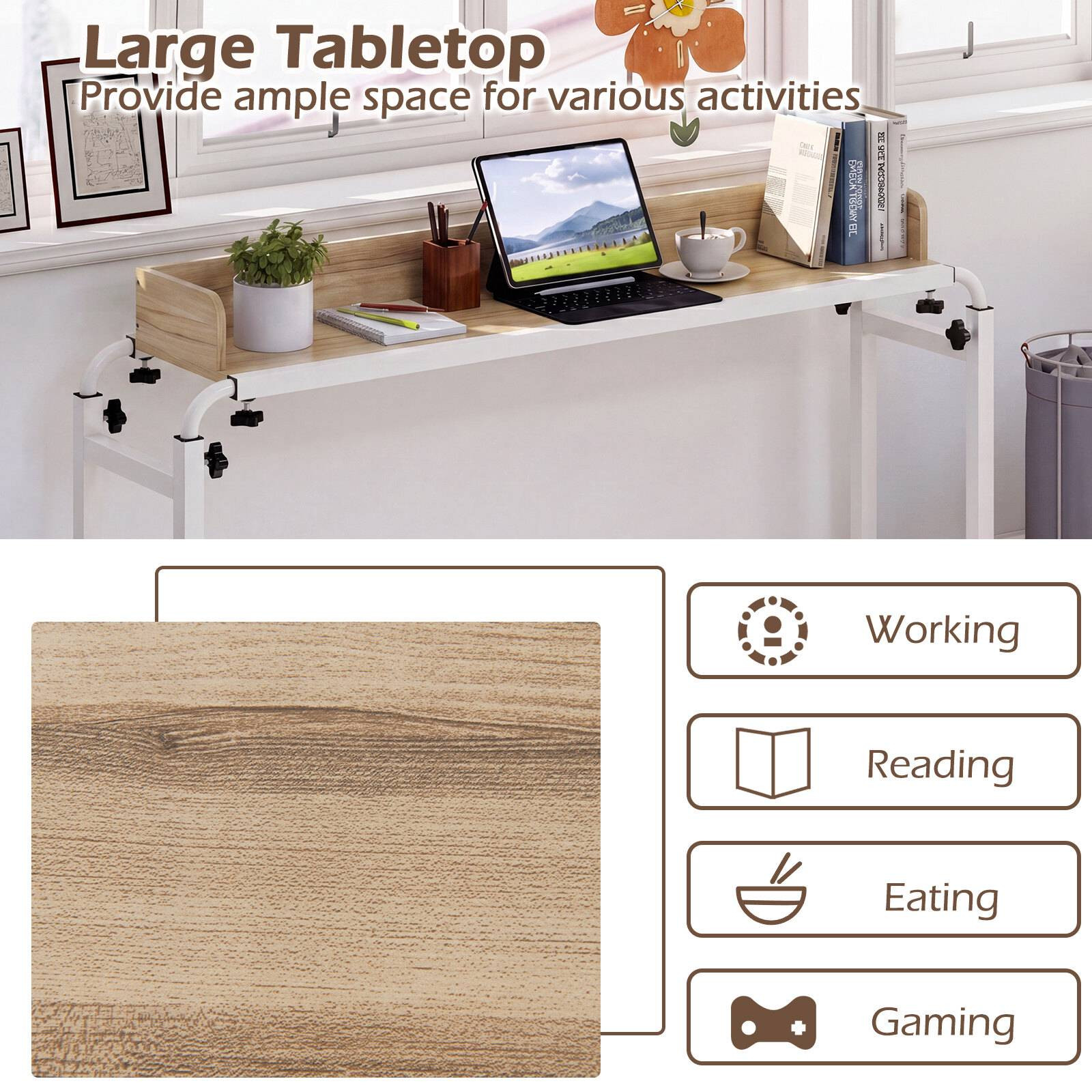 Adjustable Overbed Table with Wheels – Natural Finish