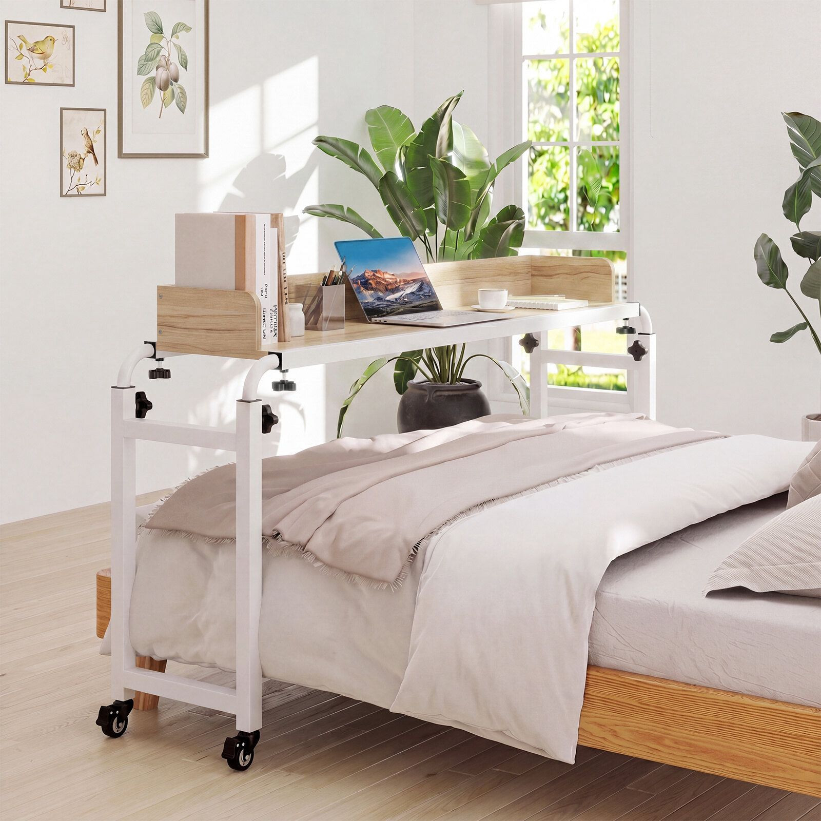 Adjustable Overbed Table with Wheels – Natural Finish
