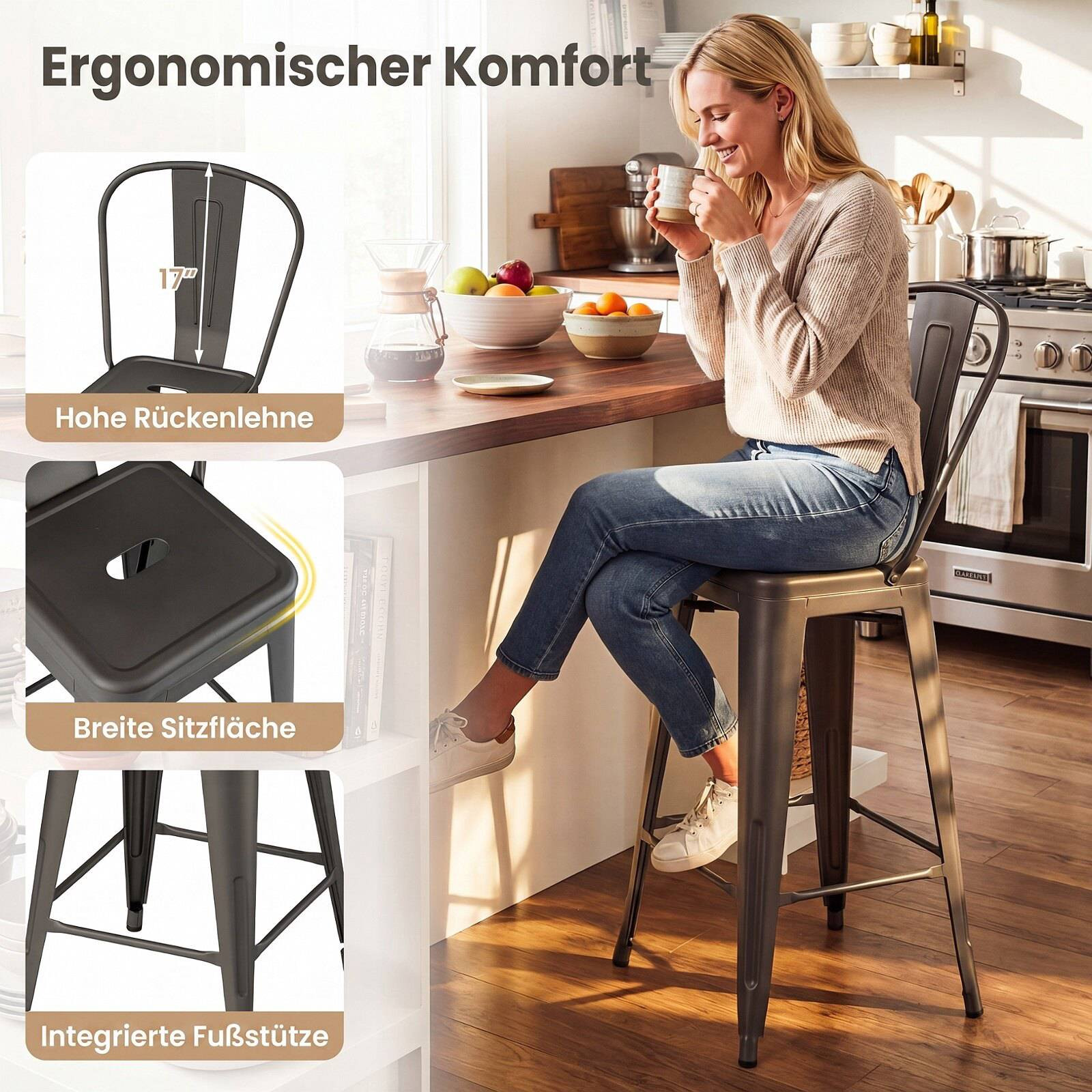 Metal Bar Stools Set of 4, Stackable, Dark Grey