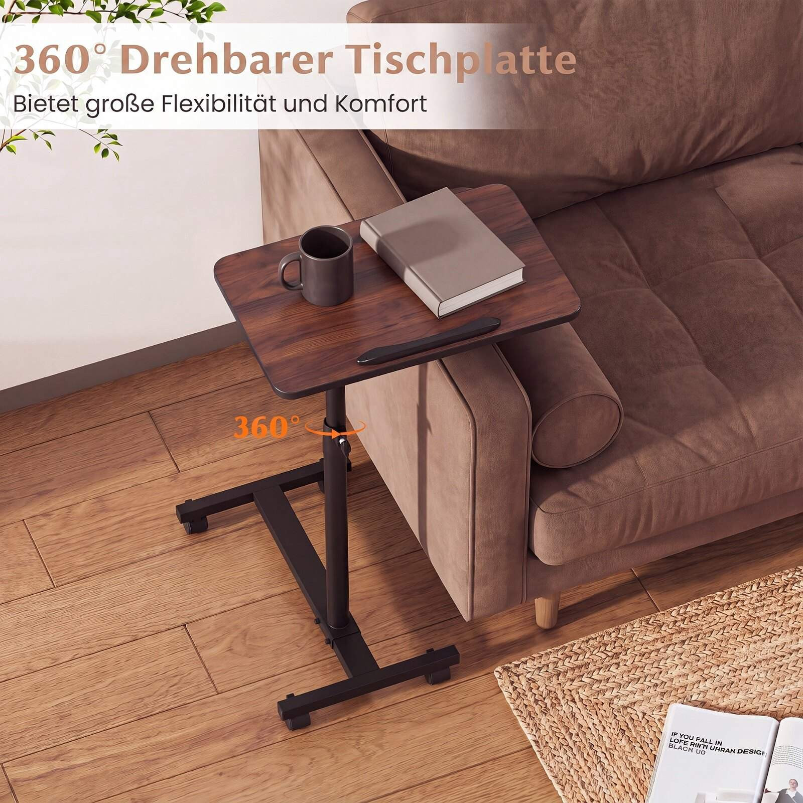 Adjustable Overbed Table with Wheels, Walnut Finish