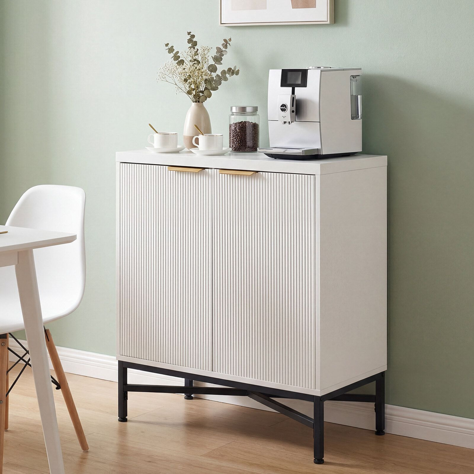 White Fluted Sideboard Buffet Cabinet with Adjustable Shelf