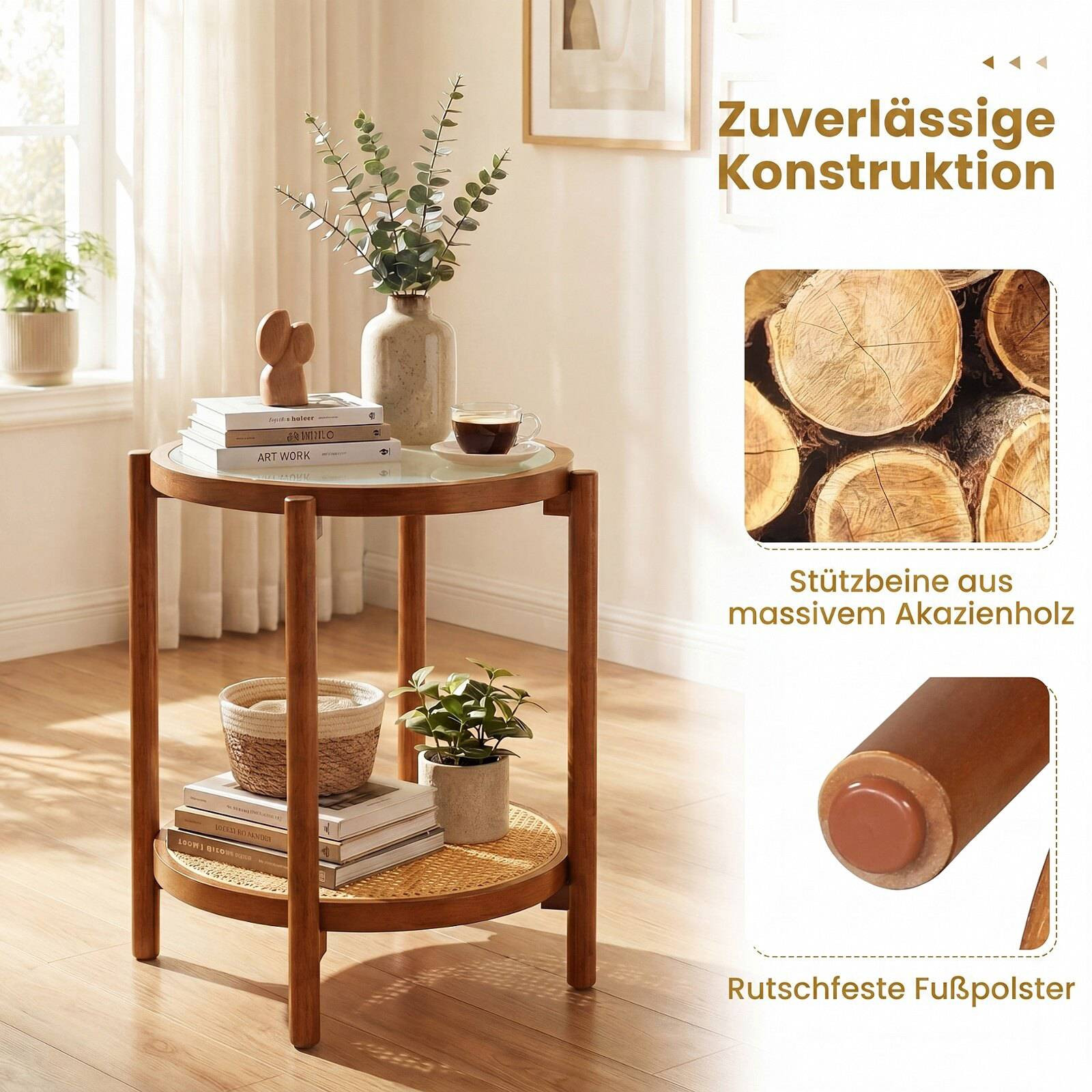 Boho 2-Tier Side Table with Tempered Glass Top, Walnut