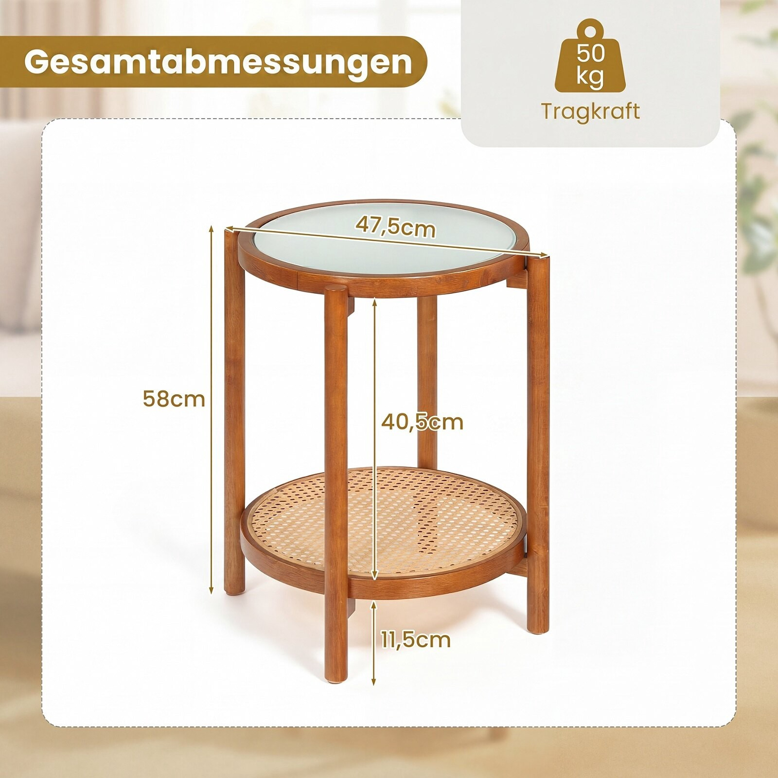 Boho 2-Tier Side Table with Tempered Glass Top, Walnut
