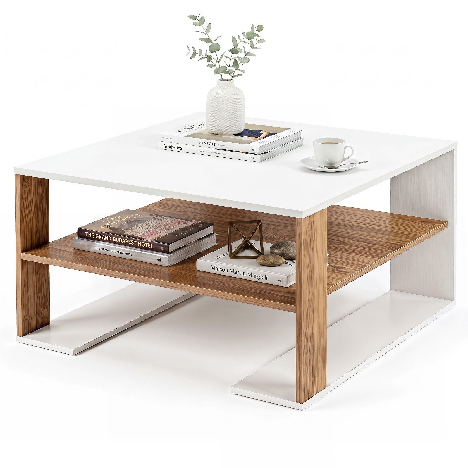 Table basse carrée blanche moderne avec étagère de rangement