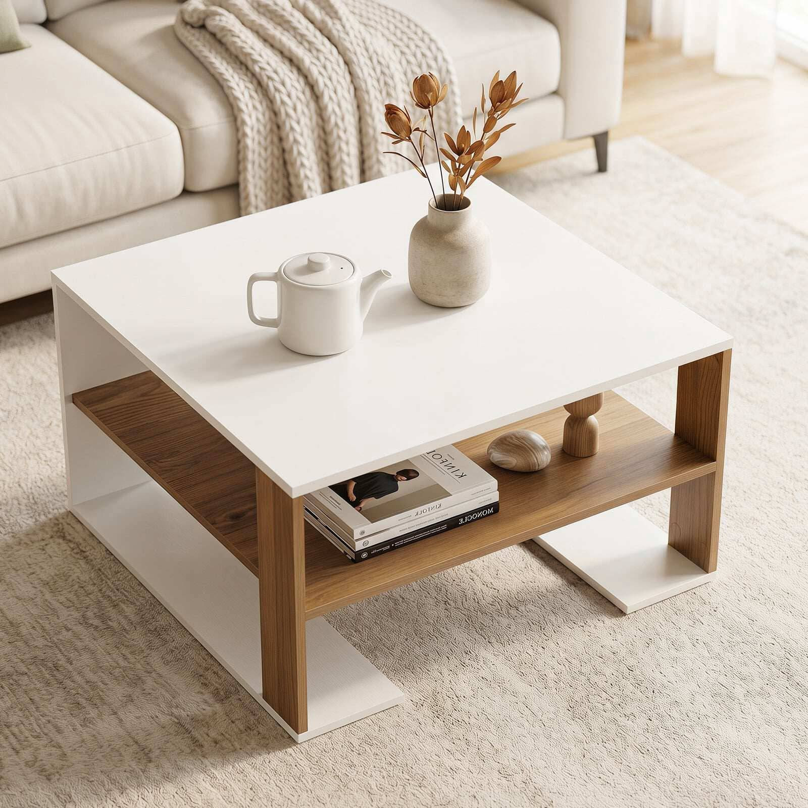 Table basse carrée blanche moderne avec étagère de rangement