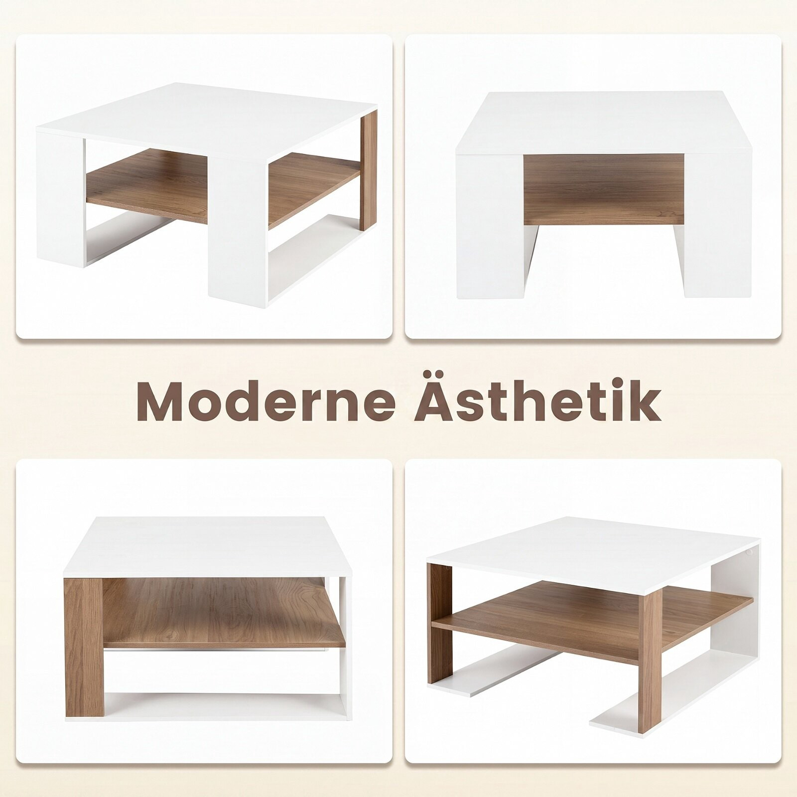 Modern White Square Coffee Table with Storage Shelf
