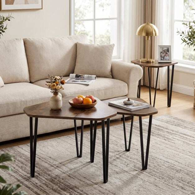 Rustic Brown Nesting Sofa Side Table Set with Metal Frame