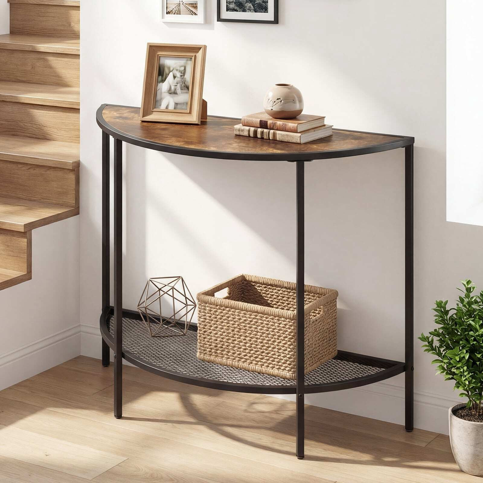 Half Moon Console Table, 2-Tier Storage, Rustic Brown