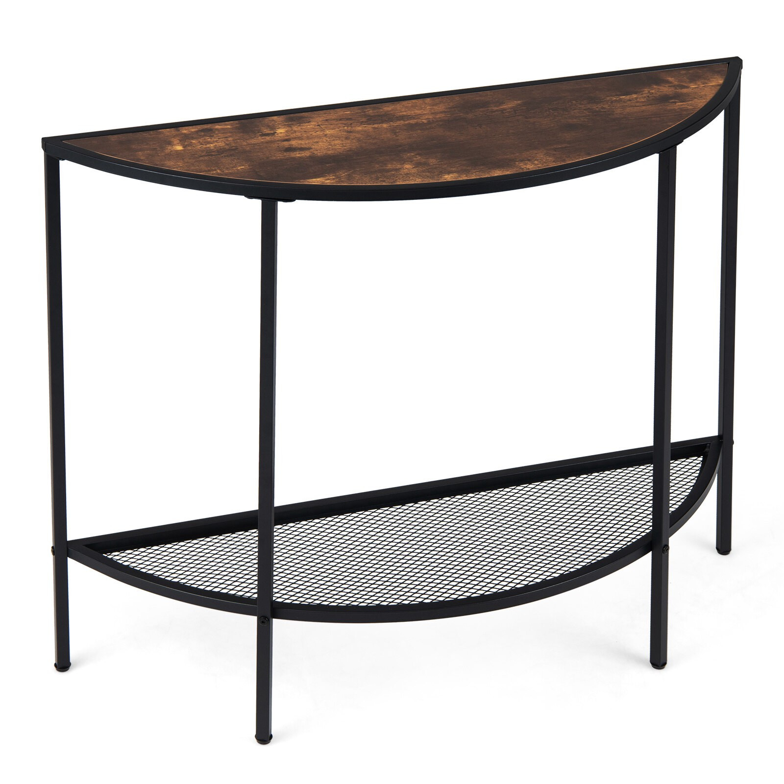 Half Moon Console Table, 2-Tier Storage, Rustic Brown