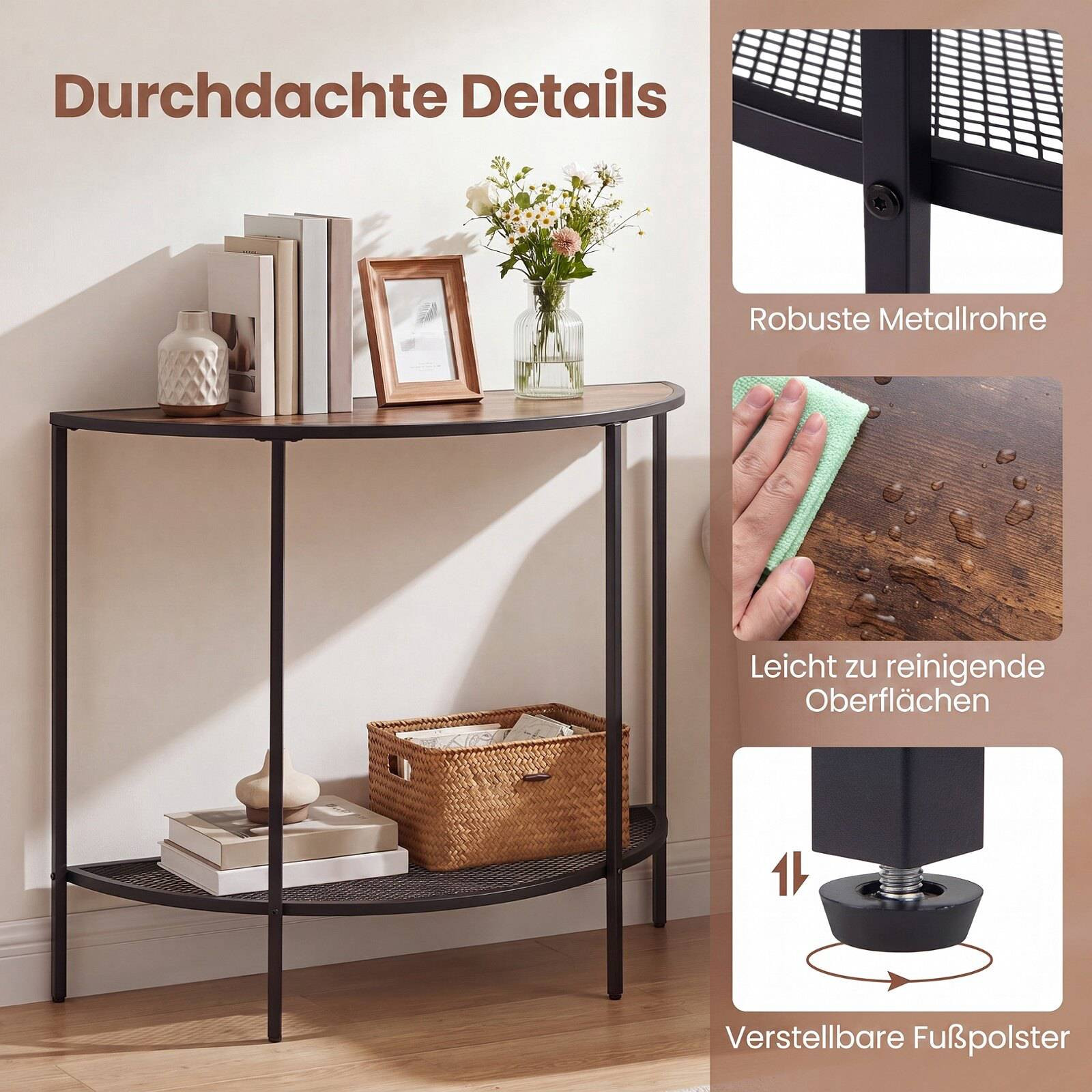 Half Moon Console Table, 2-Tier Storage, Rustic Brown