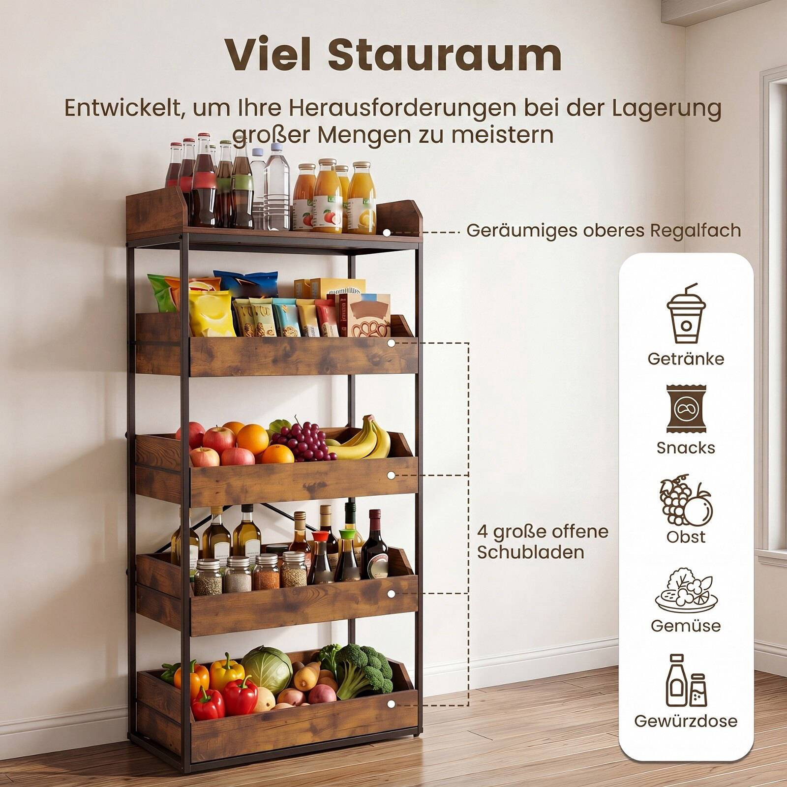 5-Tier Storage Rack with Drawers, Rustic Brown