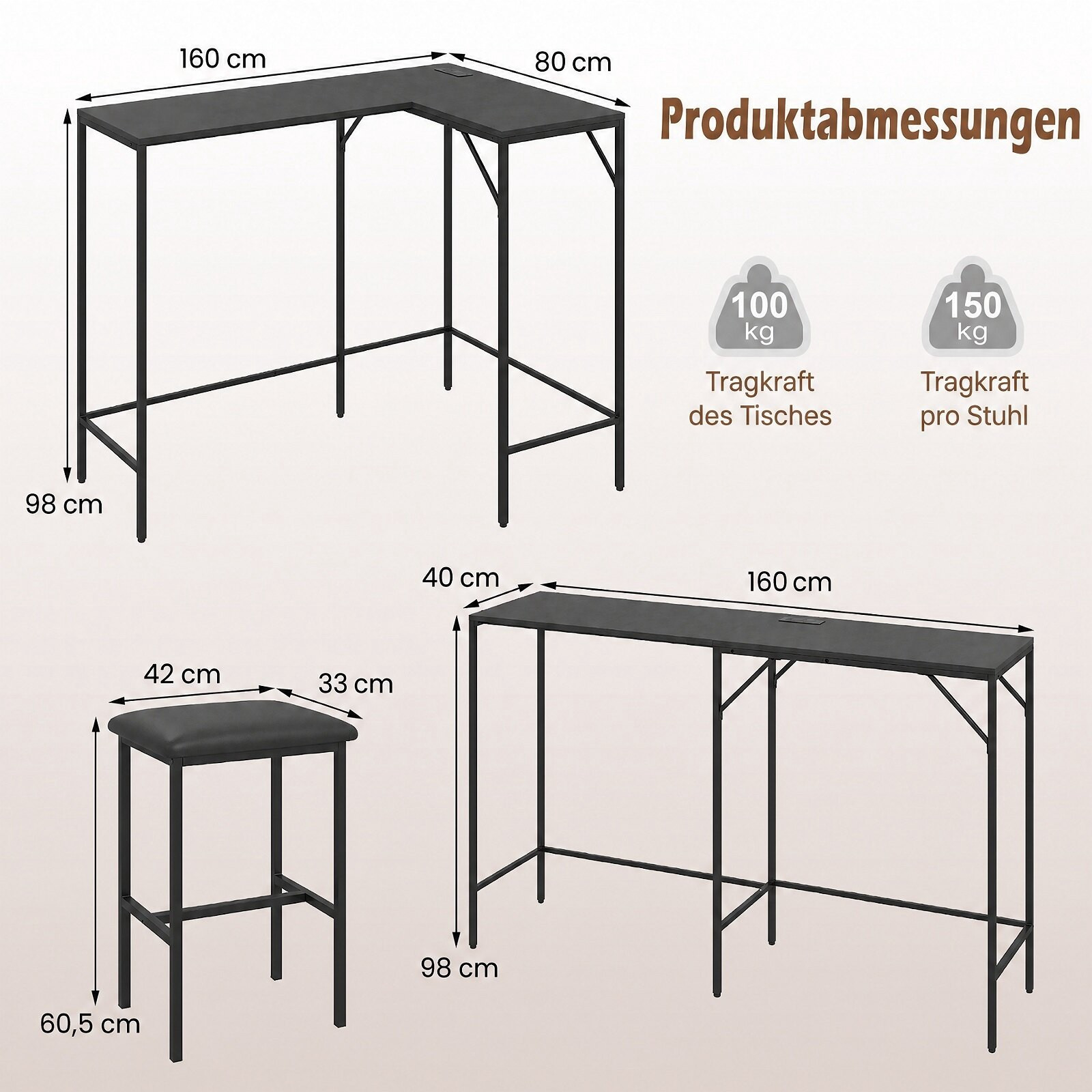 Bartisch-Set mit 2 Hockern, integrierter Steckdose, Schwarz