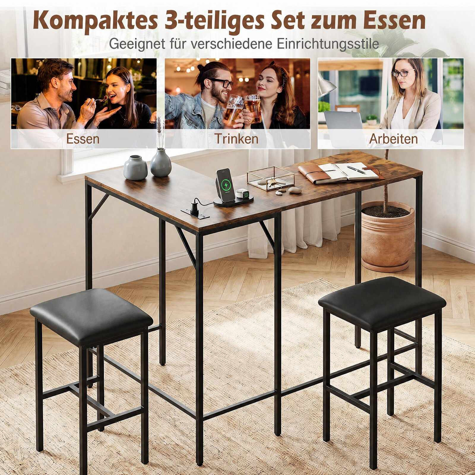 Bartisch-Set mit 2 Hockern, rustikales Braun, Steckdose