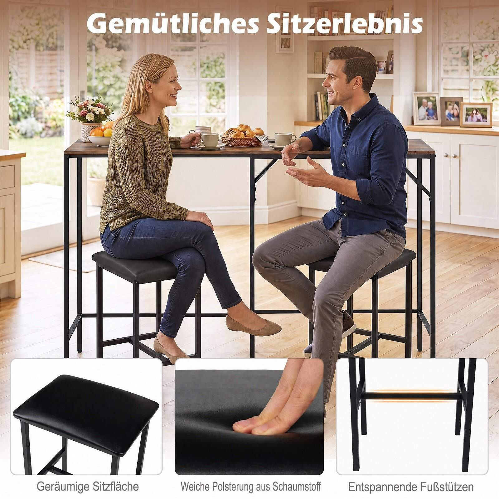 Bar Table Set with 2 Stools, Rustic Brown, Power Outlet