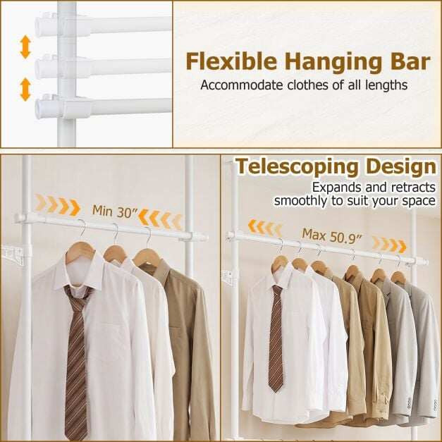 Telescopic Clothes Rack, Adjustable Metal, White