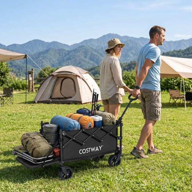 Foldable Wagon, 92L Capacity, Adjustable Handle, Black