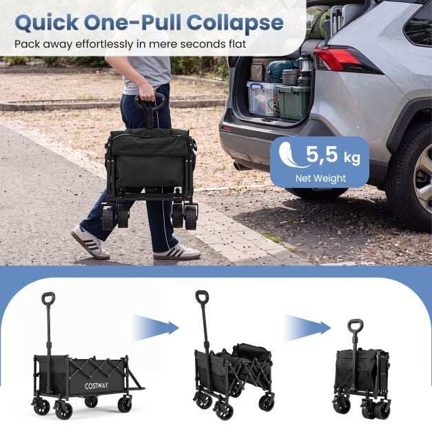 Foldable Wagon, 92L Capacity, Adjustable Handle, Black