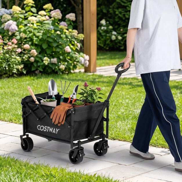 Foldable Wagon, 92L Capacity, Adjustable Handle, Black