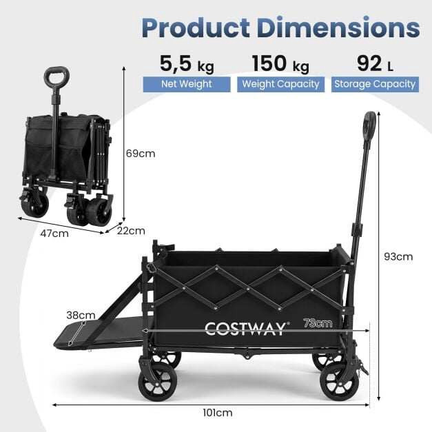 Foldable Wagon, 92L Capacity, Adjustable Handle, Black