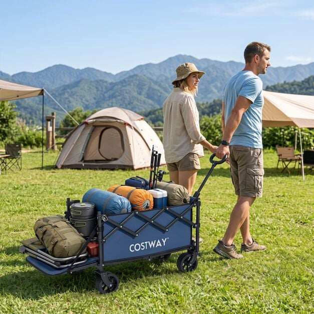 Foldable Wagon, 92L Capacity, Adjustable Handle, Blue