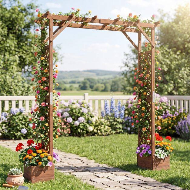 Pérgola de jardim de madeira com floreiras, 87 polegadas de altura